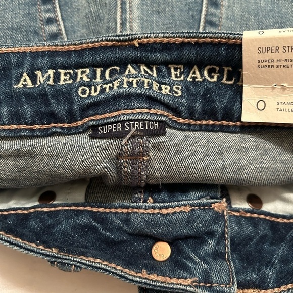 American Eagle Super Hi-Rise Mini Jean Skirt Stretch Embroidered Distressed SZ 0 - Picture 7 of 13